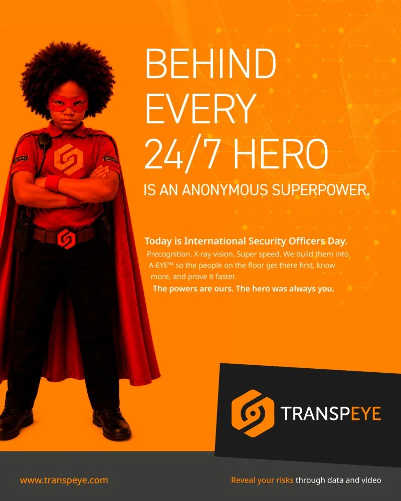 Transpeye LinkedIn graphic for Security Officers Day featuring a security officer as a superhero